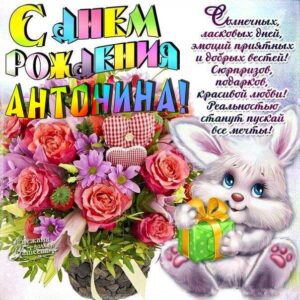 С днем рождения Антонина картинки. Мультяшка, букет цветов, поздравительная надпись