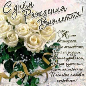 С Днем рождения Виолетта открытка поздравить. Букет, розы, красивый букет, цветы, красивая надпись, стих, мерцание, узоры, слова, бабочки, белые розы.