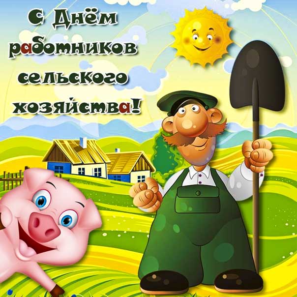 Веселая картинка открытка с днем работников сельского хозяйства. Фермер, свинья, село, улыбка, смешная.