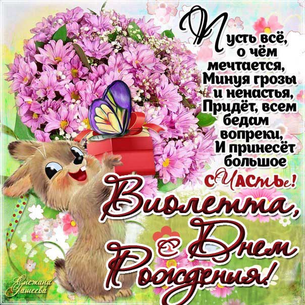 С Днем рождения Виолетта мигающая картинка. Букет, цветы, заяц, зайчик, поздравить надпись, с фразами, есть стих, узоры, открытка, поздравительная, эффекты.