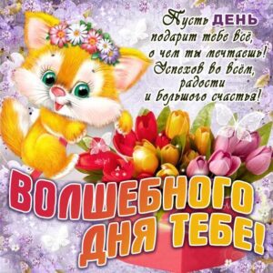 Открытка волшебного дня тебе. Зверушка, мультяшка, цветы, сердечко, текст, красивая надпись, со стихом, мигающая, картинки, пожелание, тюльпаны, котенок.