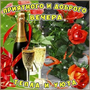 Добрый вечер, шампанское, розы, приятного вечера, тепла и уюта